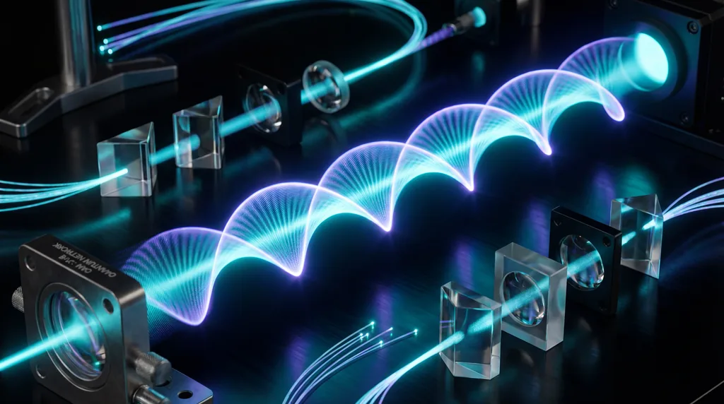 Spiraling beams of blue and violet light twisting like a corkscrew through abstract optical equipment on a dark background.