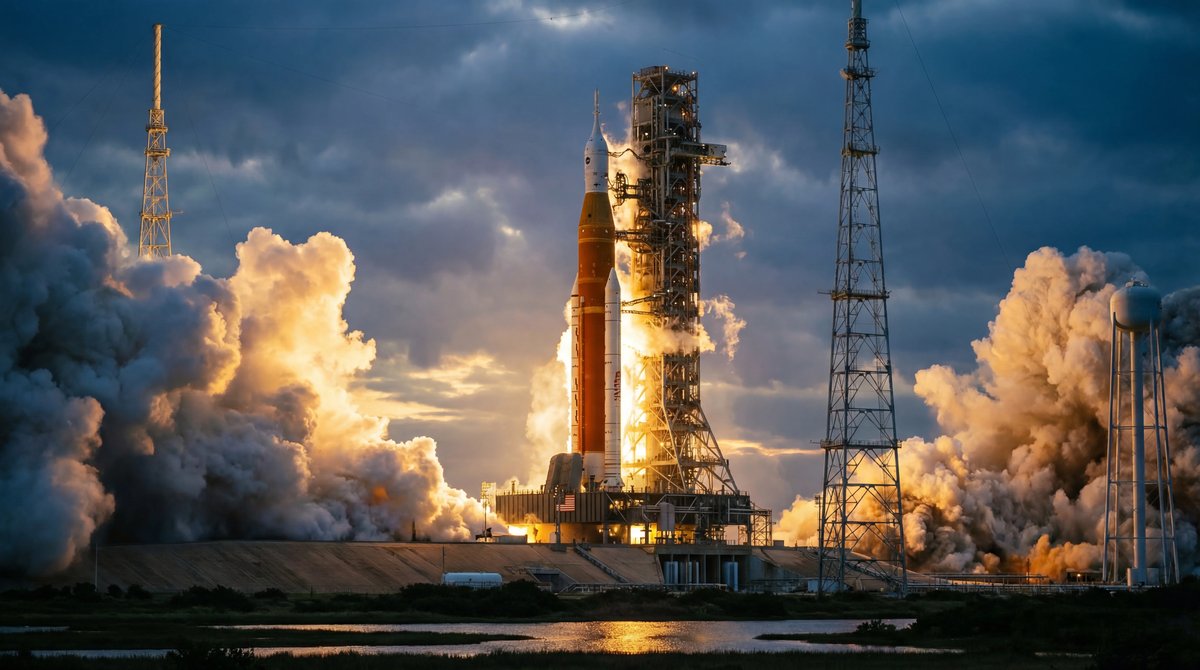 Massive SLS rocket standing at the launch pad at sunrise with white vapor clouds venting from the side.