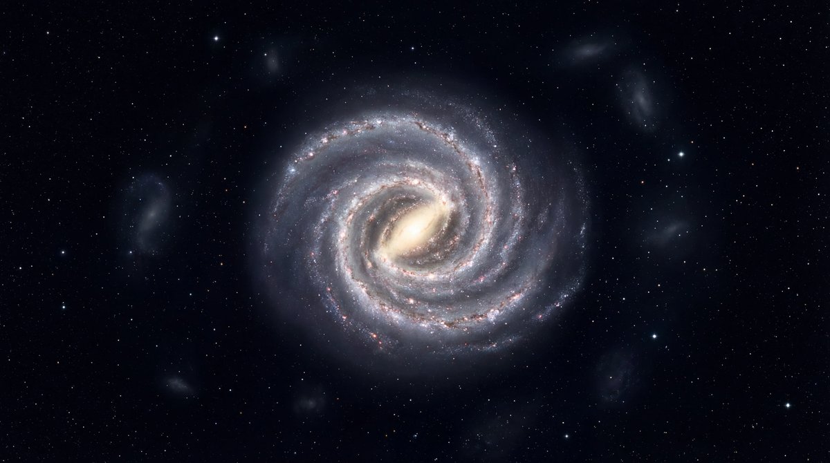 Bright Milky Way spiral galaxy surrounded by faint, ghostly star clusters against a deep black background.