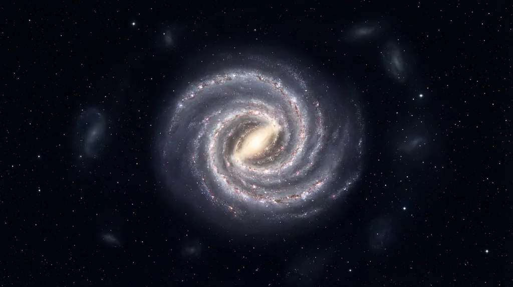 Bright Milky Way spiral galaxy surrounded by faint, ghostly star clusters against a deep black background.