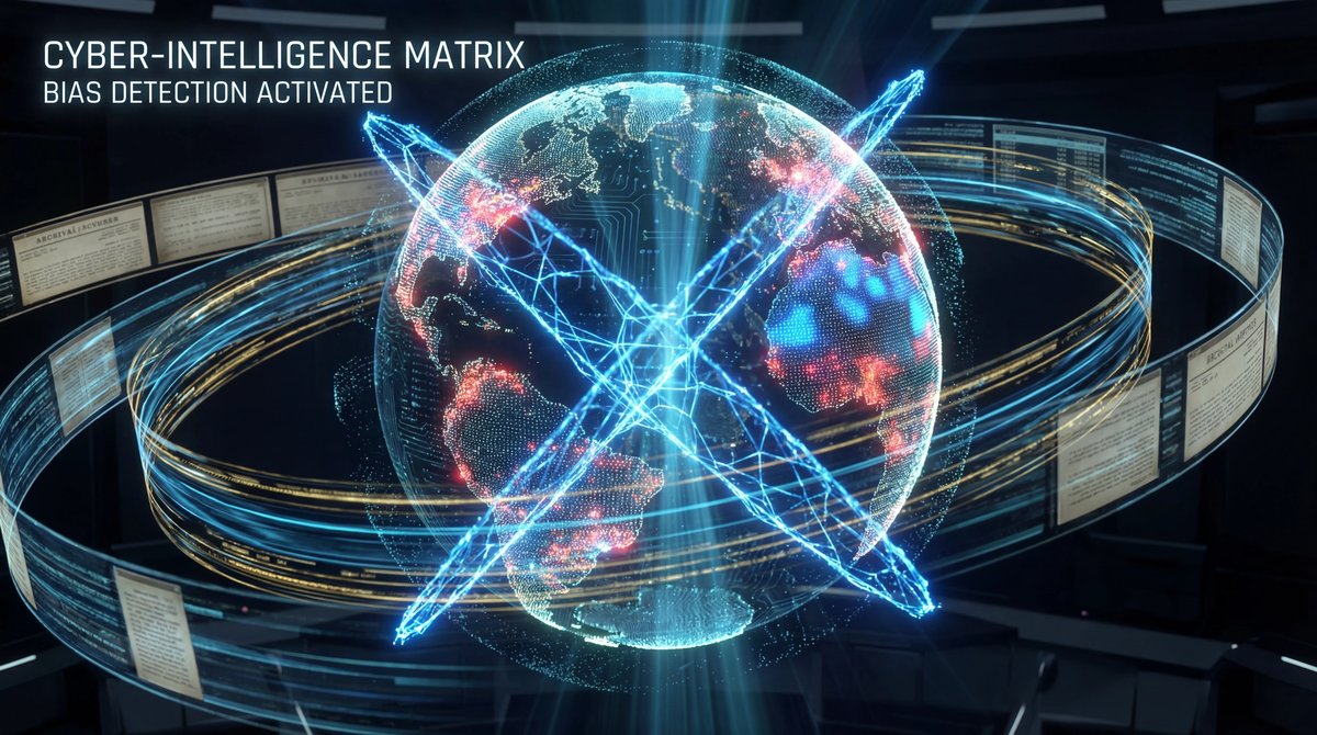 Digital globe surrounded by flowing data streams being analyzed by a glowing AI matrix revealing hidden colored heatmaps