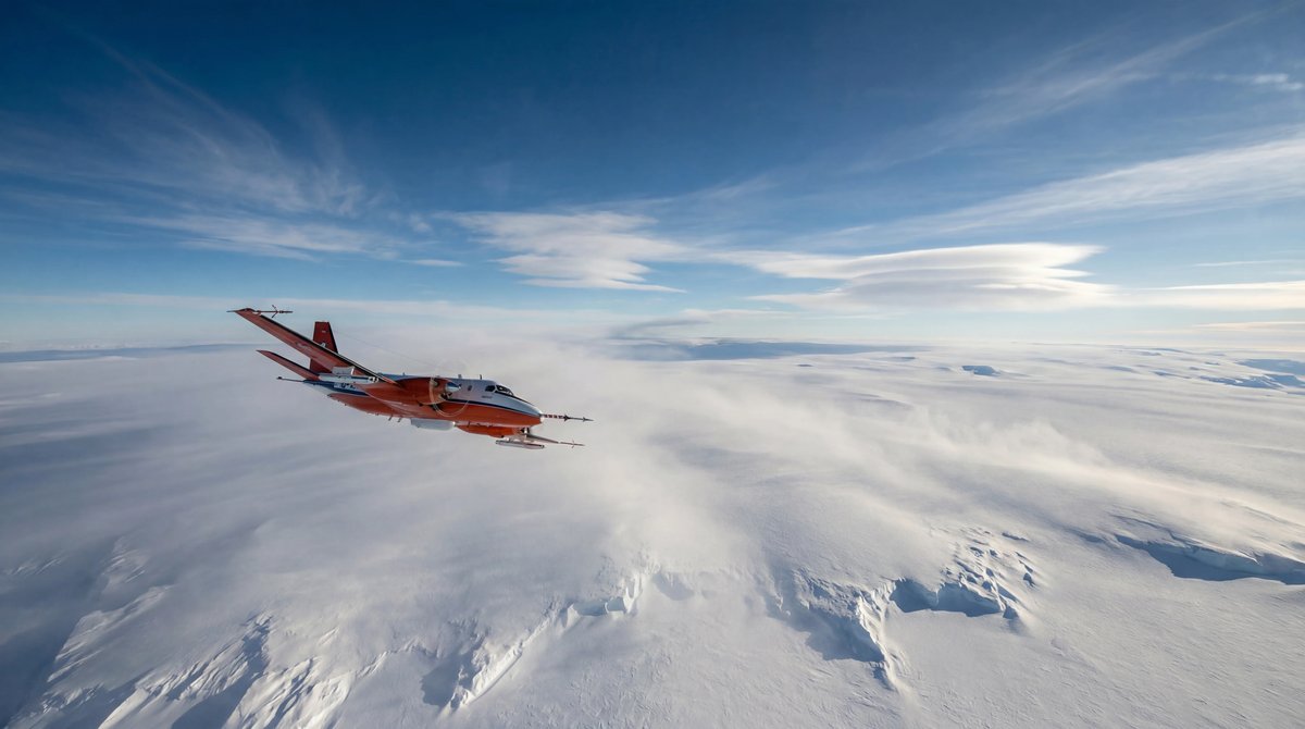 Research aircraft flying over Antarctic ice sheets near dramatic cloud formations under a blue sky.