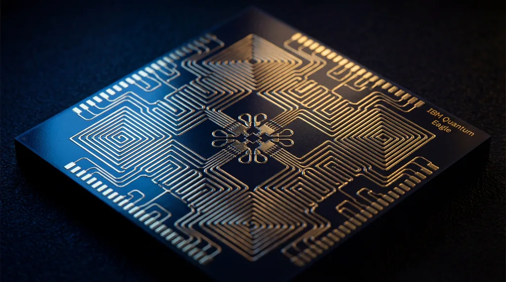 Macro shot of a gold quantum computer chip with complex circuitry glowing under blue and gold laboratory lighting.