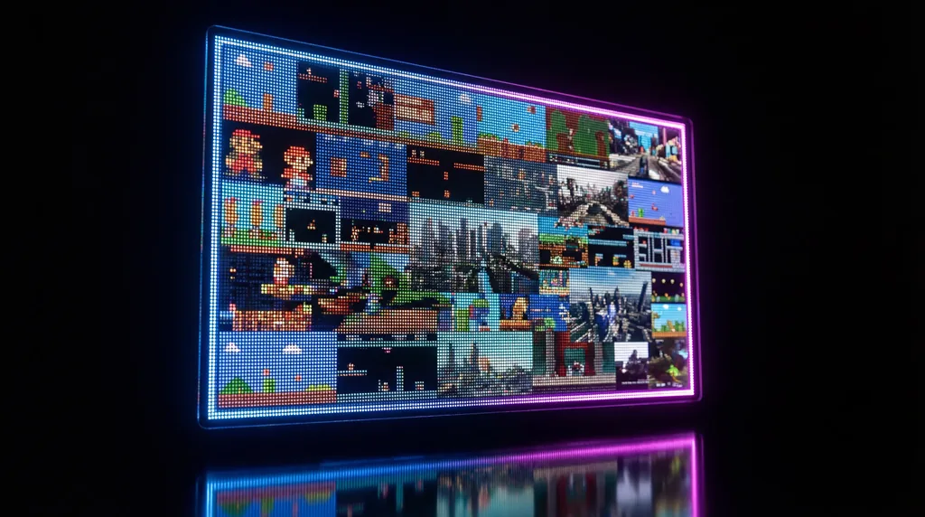 A glowing digital screen displaying a colorful collage of many different video game worlds against a dark background.