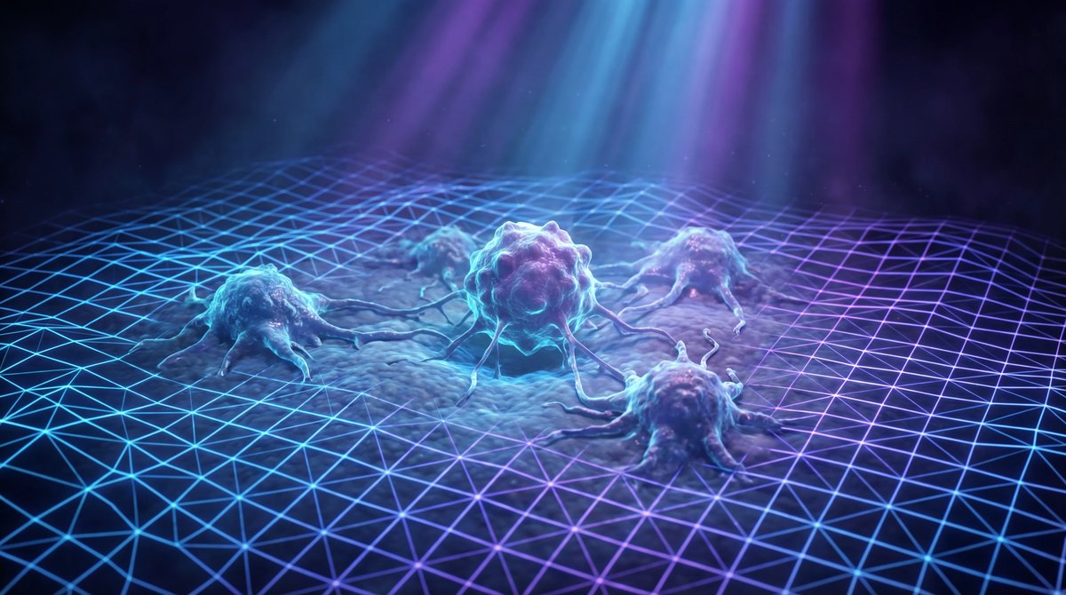 Close-up of microscopic cells with a glowing digital grid overlay, symbolizing AI mapping of the immune system.