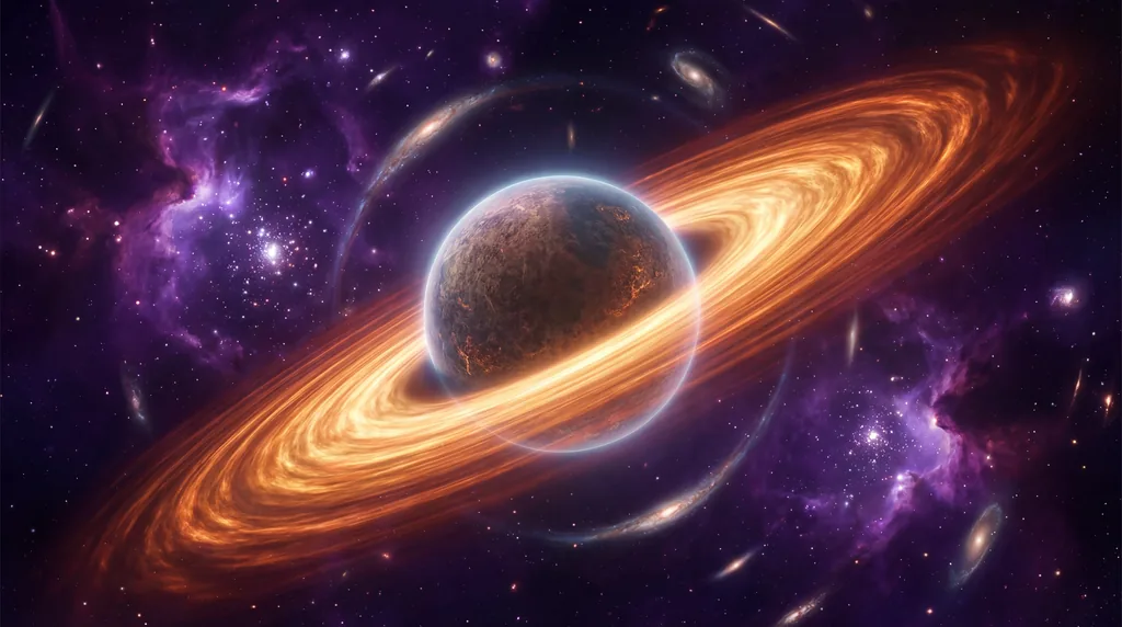 Glowing orange plasma swirls around a dark central sphere with a faint surface texture against a starry, purple nebula background.