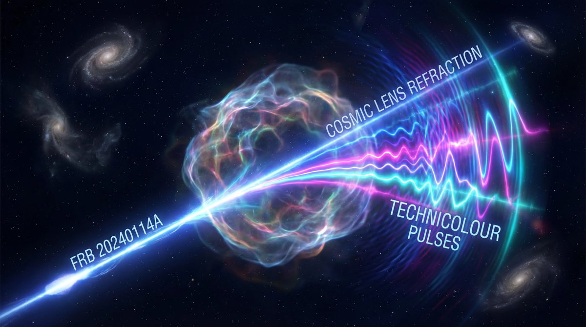 A bright cosmic energy beam passing through a plasma cloud in space, refracting into a spectrum of colorful radio waves.