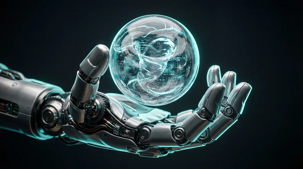 Close-up of a sleek robotic hand reaching toward a floating, rippling sphere of light against a dark background.