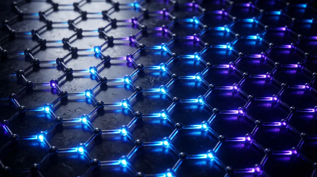 Hexagonal grid glowing with blue electron pairs forming a crystal pattern on a dark, textured scientific surface.
