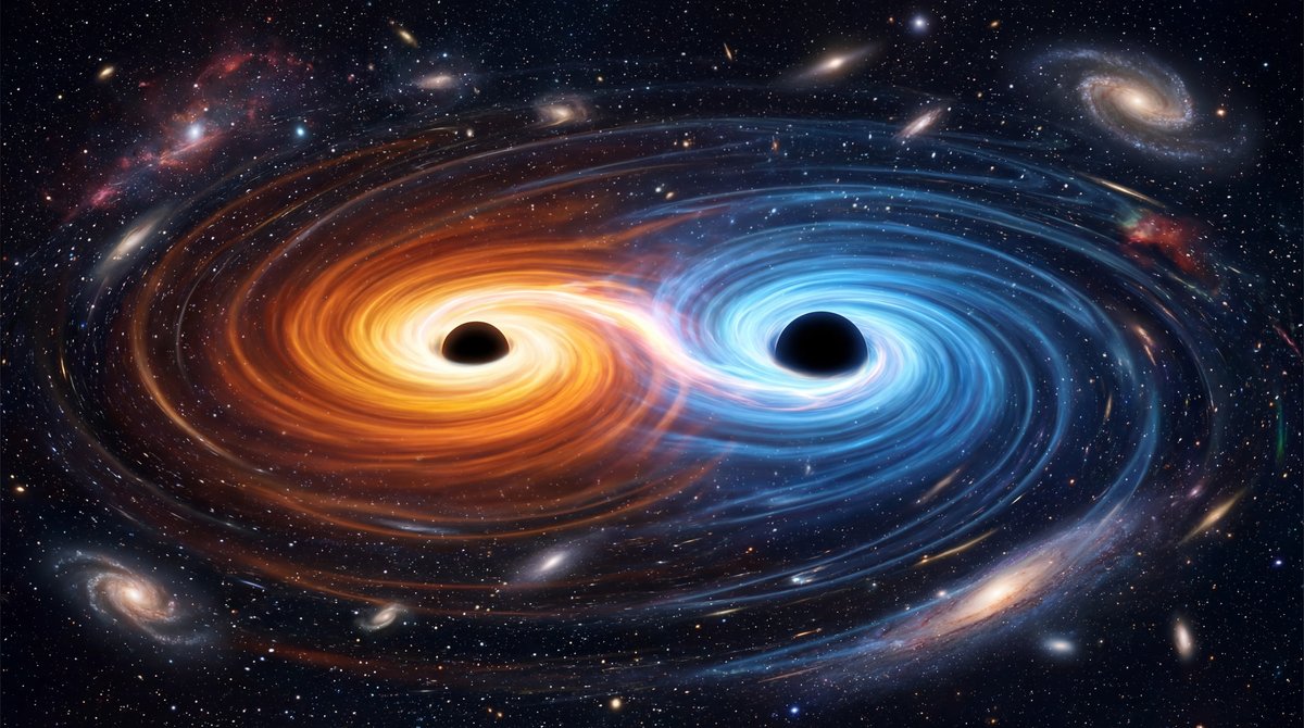 Two supermassive black holes spiraling together, their gravity creating visible ripples in the starry fabric of space.