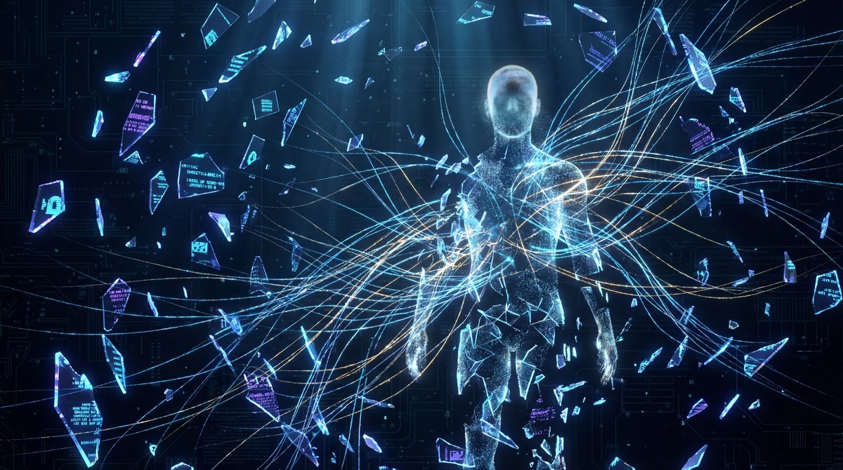 Glowing neural network lines connecting scattered data fragments to form a human silhouette in a dark digital void.