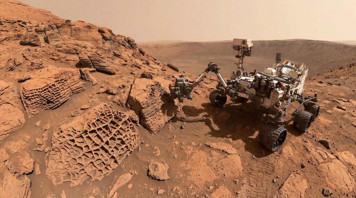 Web-like mineral veins protruding from red Martian rocks with the Curiosity rover exploring Mount Sharp in the background.