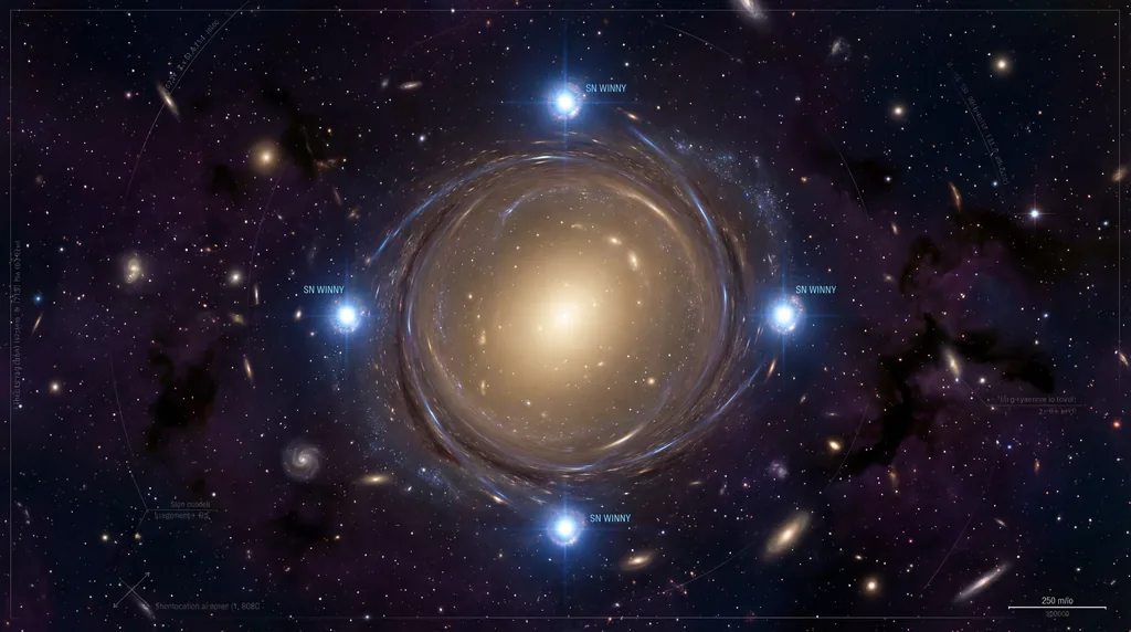 A massive golden galaxy bending light from a distant supernova into bright blue arcs and points against a starry deep space background.