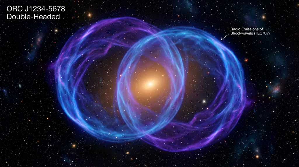 Two ghostly blue radio rings surrounding a glowing central galaxy in deep space against a starry background.