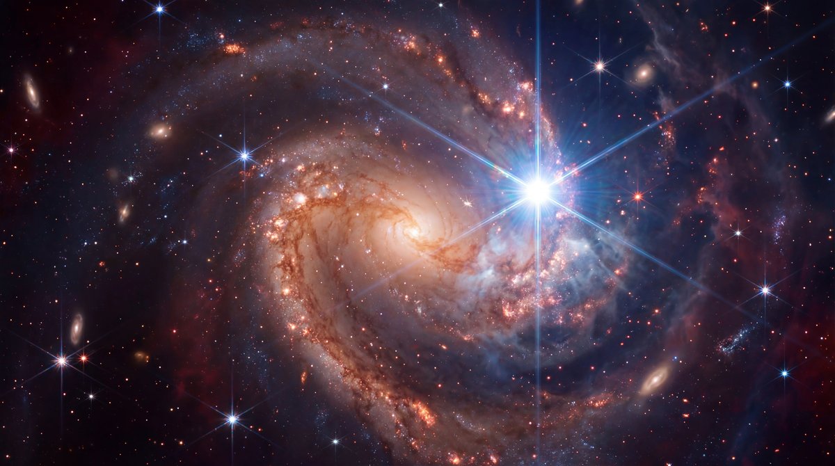 A vibrant spiral galaxy in deep space featuring a blindingly bright white supernova explosion in one of its arms.