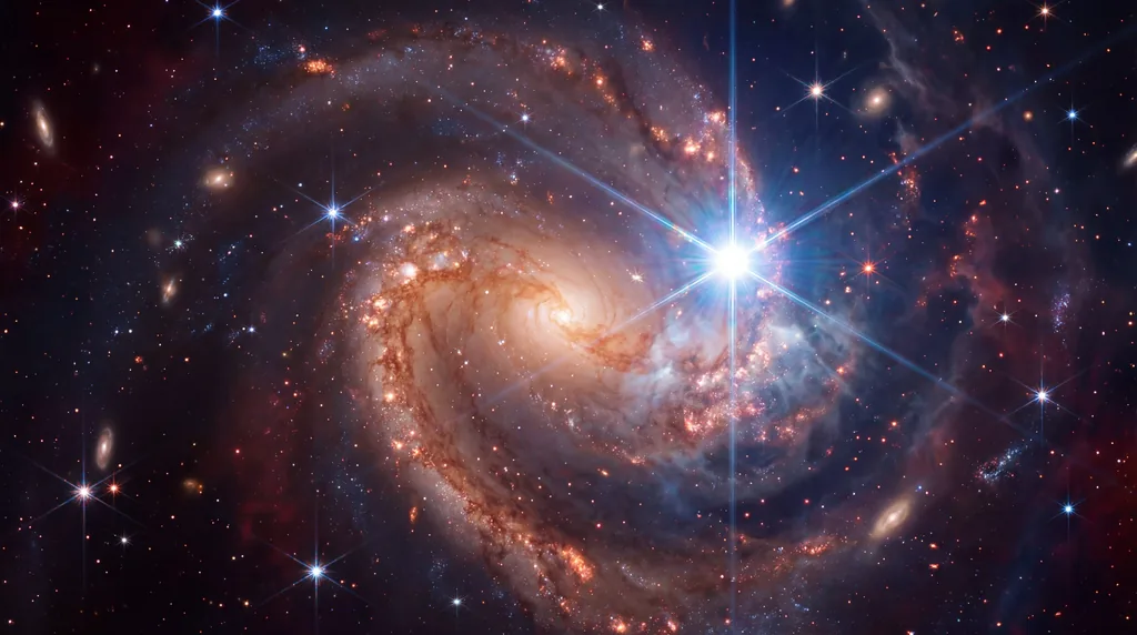 A vibrant spiral galaxy in deep space featuring a blindingly bright white supernova explosion in one of its arms.