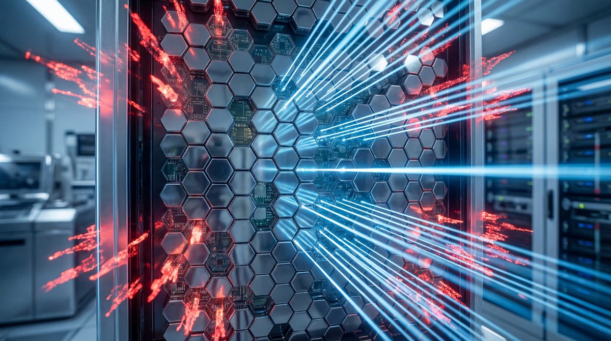 Close-up of sleek hexagonal metallic tiles emitting blue light beams while deflecting red interference signals.