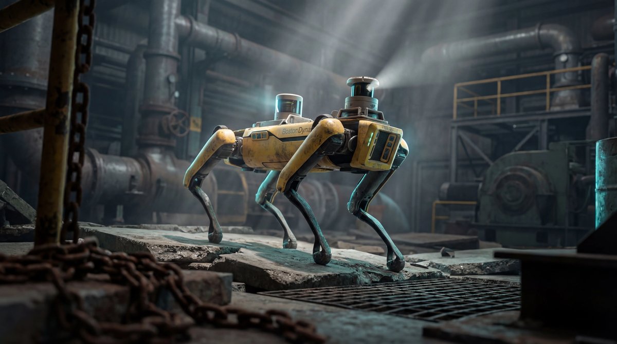A rugged four-legged robot standing on industrial debris, with dramatic lighting highlighting its sensors and mechanical joints.