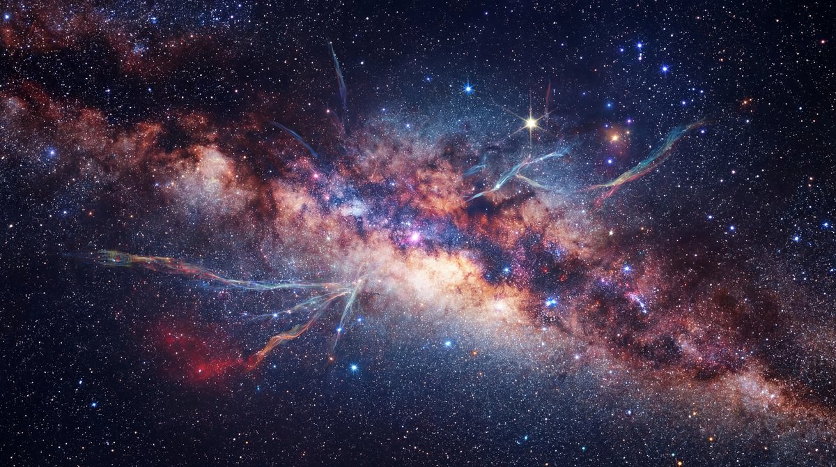 A vibrant view of the Milky Way galaxy with millions of stars connected by faint, glowing digital network lines.