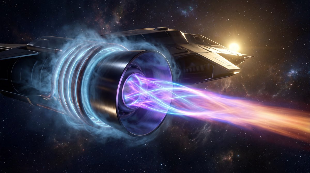 A futuristic spacecraft thruster in space firing a bright violet plasma beam, highlighting glowing internal superconducting coils.