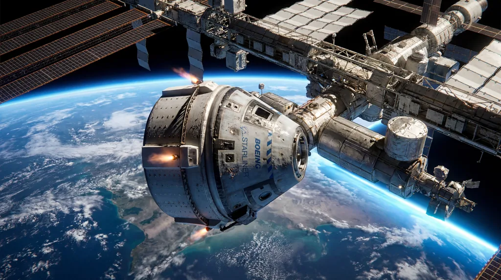 Boeing Starliner spacecraft docked at the ISS orbiting Earth, with sunlight glinting off the metallic capsule.