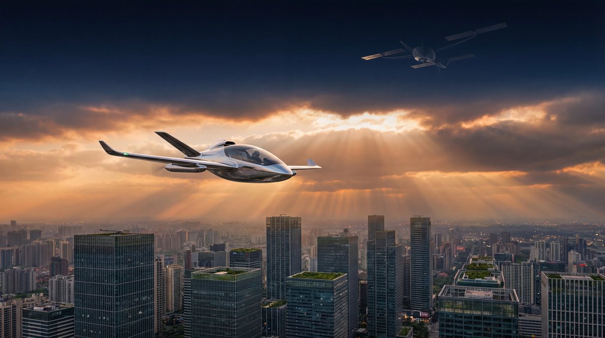 A futuristic flying taxi in flight with a high-altitude solar glider floating far above in the dark blue sky.