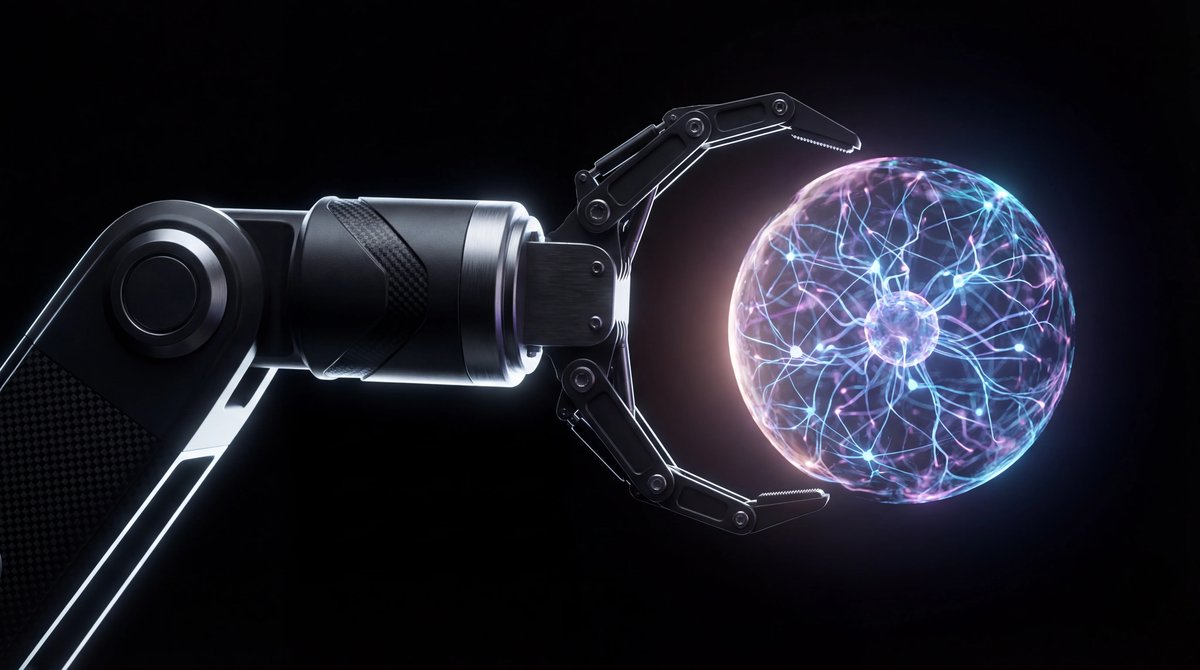 Sleek robotic arm reaching toward a glowing digital neural network node against a dark background, representing AI autonomy.