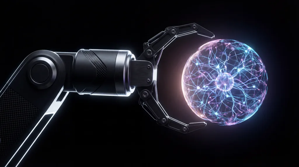 Sleek robotic arm reaching toward a glowing digital neural network node against a dark background, representing AI autonomy.