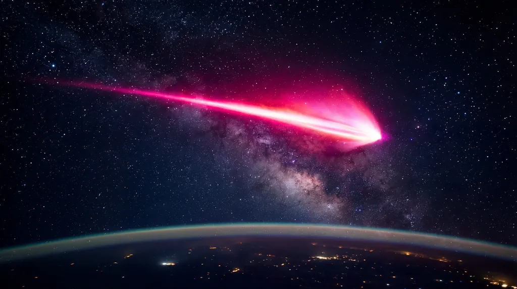 A bright, glowing rocket trail streaks across a dark, starry sky above the Earth's horizon.