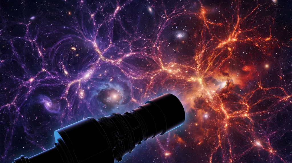 Vibrant visualization of the cosmic web of galaxies glowing in deep space with a telescope silhouette in the foreground