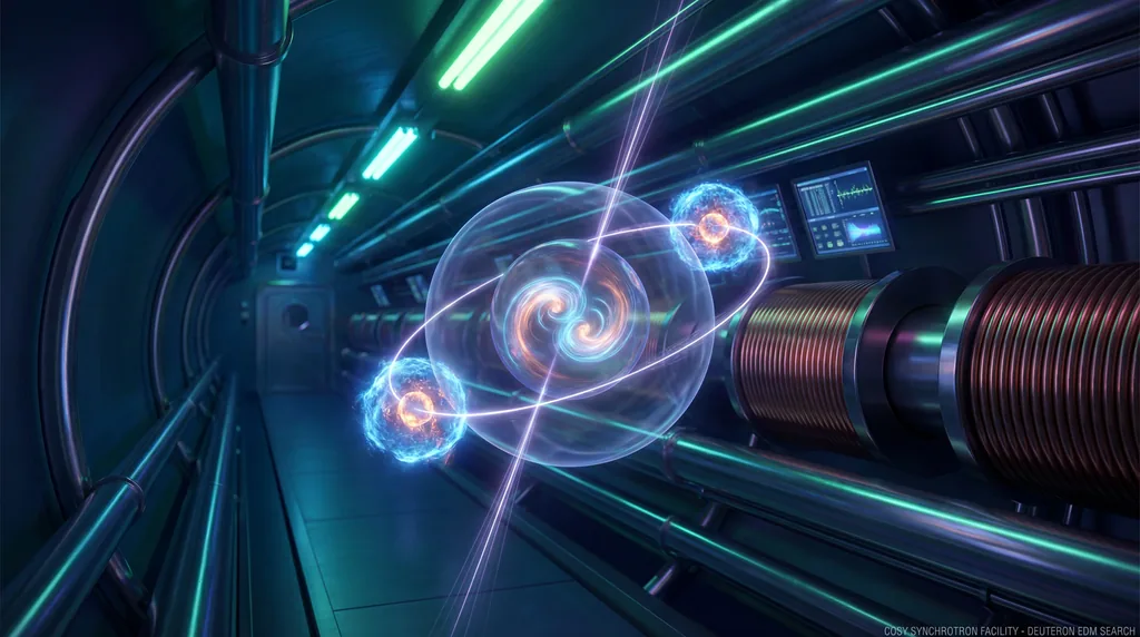 Glowing proton and neutron pair suspended in a high-tech particle accelerator tunnel, illustrating subatomic physics.