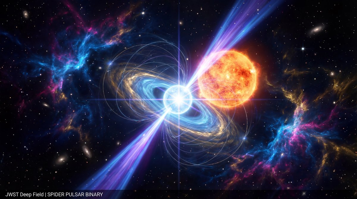 A glowing blue pulsar spins rapidly, blasting radiation at a nearby companion star and stripping its atmosphere in deep space.