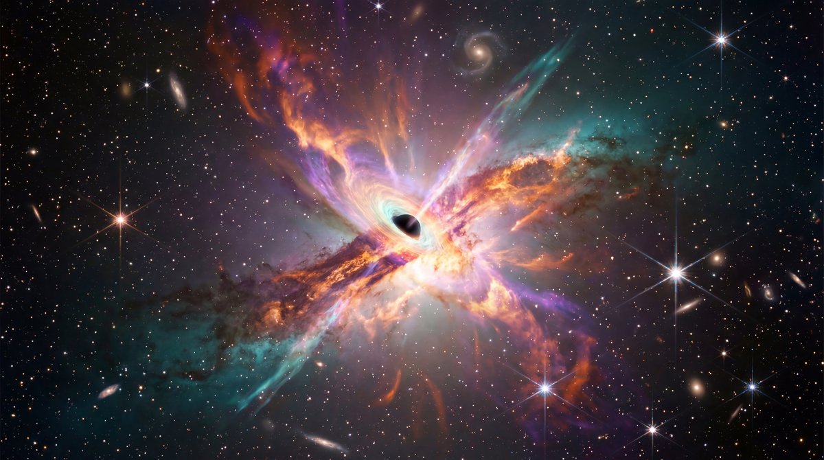 Glowing orange and purple galaxy Centaurus A with bright plasma jets shooting from its central black hole into space.