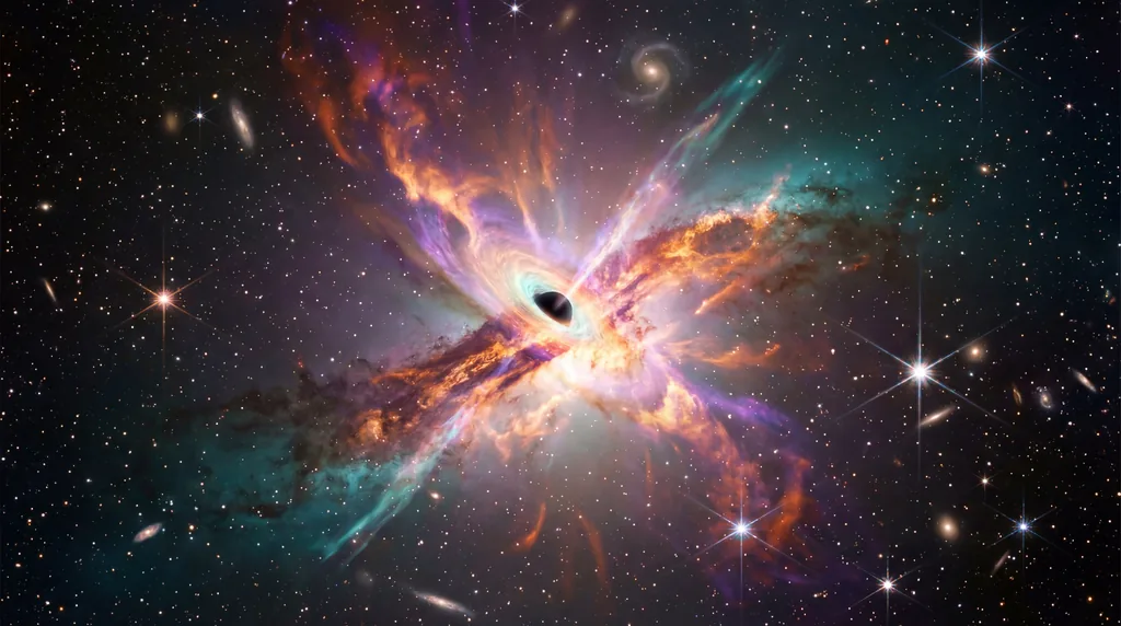 Glowing orange and purple galaxy Centaurus A with bright plasma jets shooting from its central black hole into space.