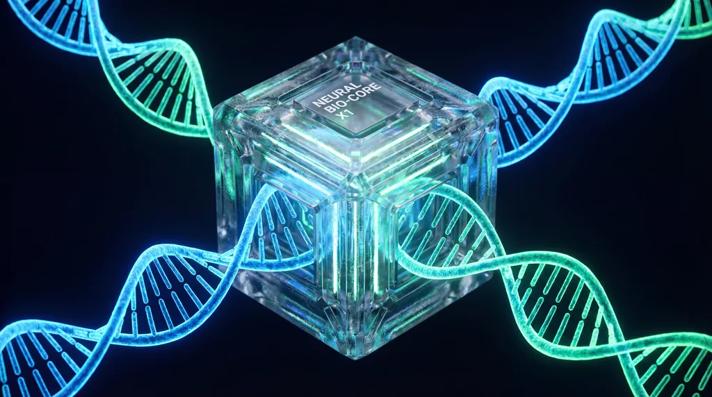 Close-up of a futuristic computer chip glowing with green digital DNA strands against a dark background.