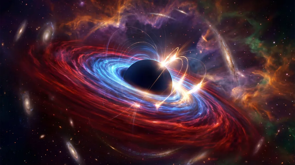 Glowing orange and blue plasma ring swirling around a black hole, with bright magnetic flares sparking near the dark center.