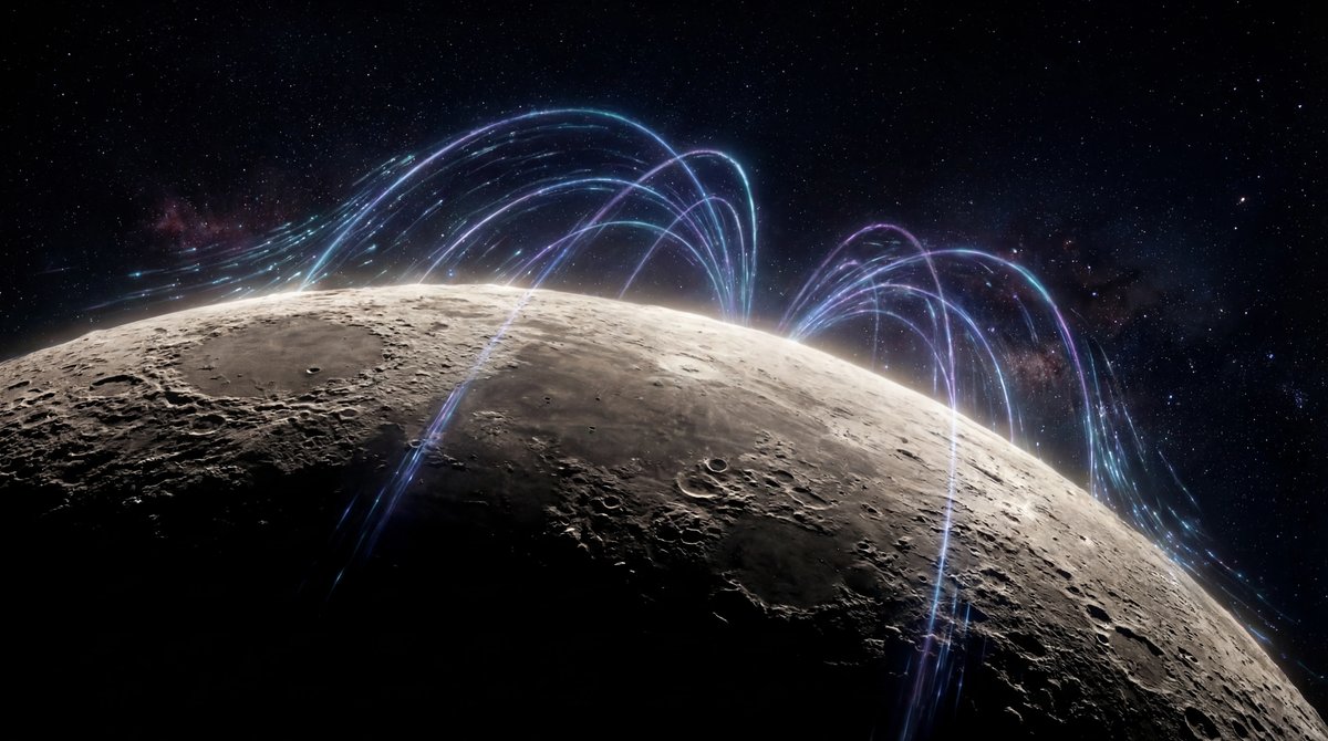 The Moon in space surrounded by faint, glowing blue arcs representing a magnetic field against a starry black background.