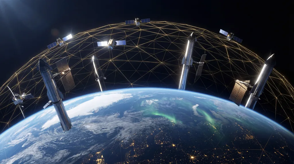 Satellites orbiting Earth forming a protective digital grid against a starry background.