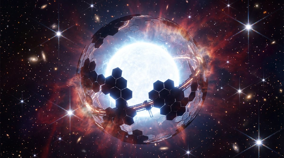 Geometric alien megastructure panels orbiting a bright star against a background of colorful nebula clouds and stars.