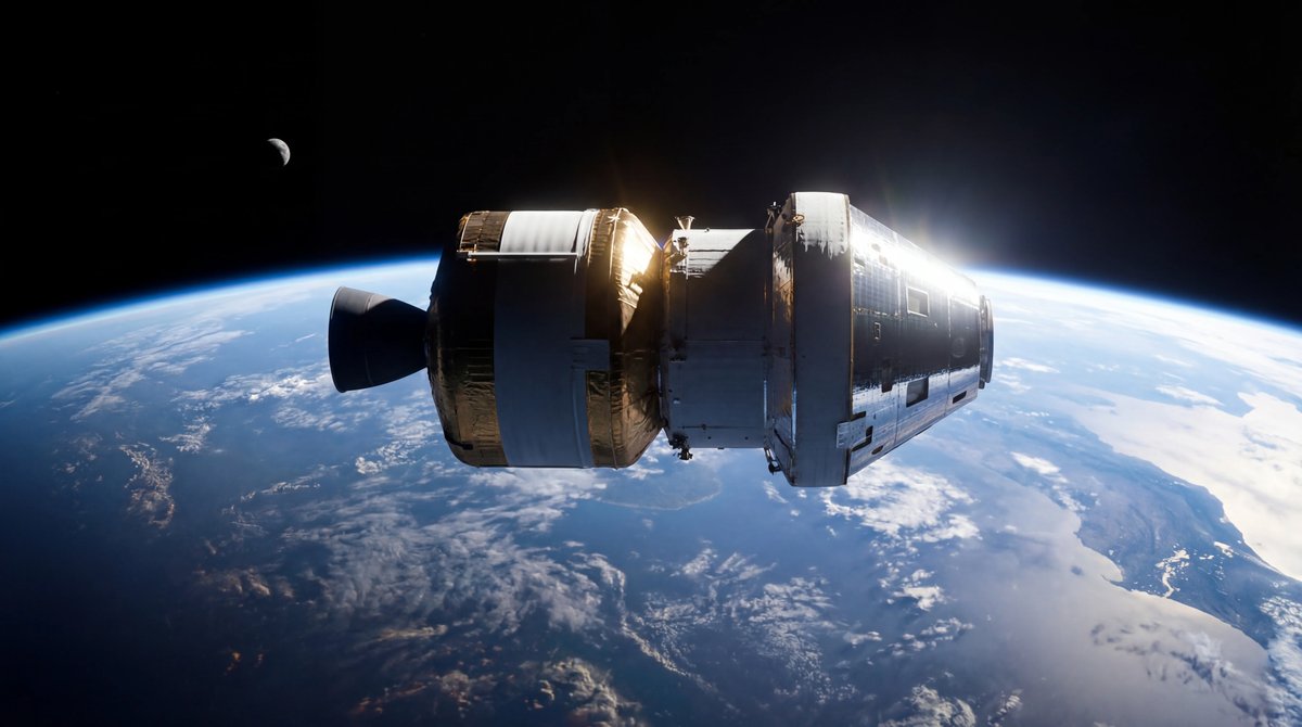 NASA Orion spacecraft orbiting Earth with blue atmosphere below and the Moon visible in the distant black space.