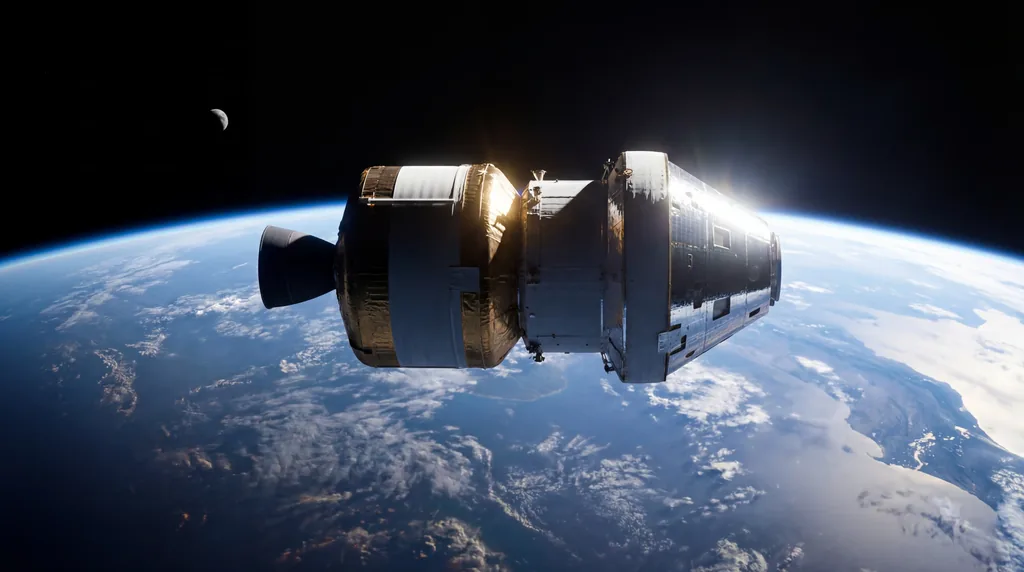 NASA Orion spacecraft orbiting Earth with blue atmosphere below and the Moon visible in the distant black space.