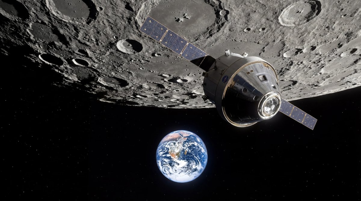 The Orion spacecraft orbiting the gray, cratered Moon with a vibrant blue Earth visible in the black background.