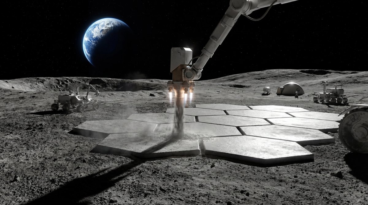 Robotic arm 3D printing hexagonal tiles on the Moon's grey surface using lunar dust, with Earth floating in the black sky.