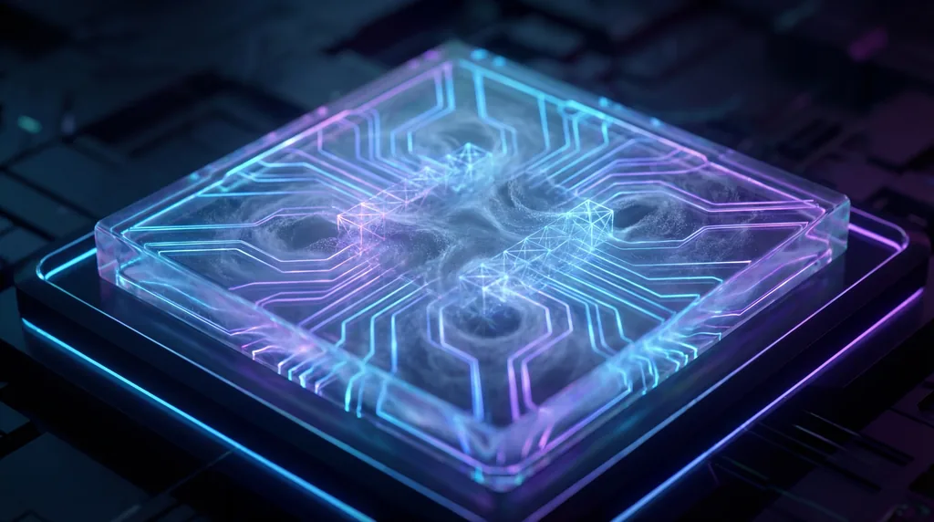 Glowing blue processor chip with chaotic light particles forming into organized geometric grids against a dark background.