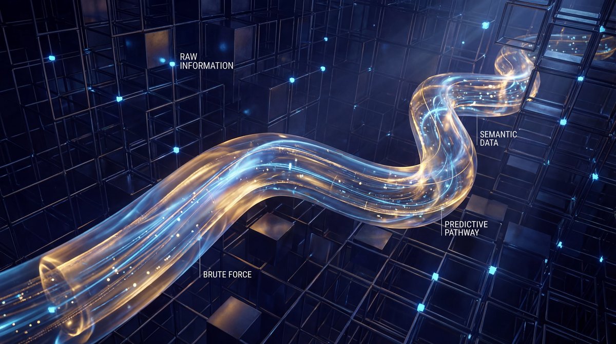 Glowing tube of light flowing through a dark 3D grid of data blocks, representing AI prediction pathways.