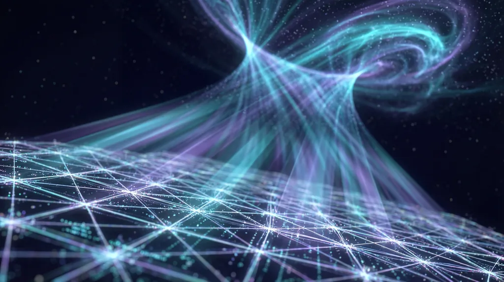 Glowing geometric lattice projecting light beams into a 3D shape against a dark background, representing holographic data.