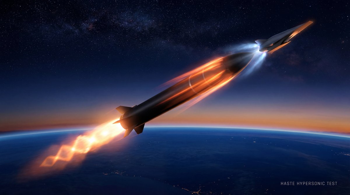 A dark rocket soaring high above Earth at twilight, releasing a sharp hypersonic vehicle with a glowing engine trail.