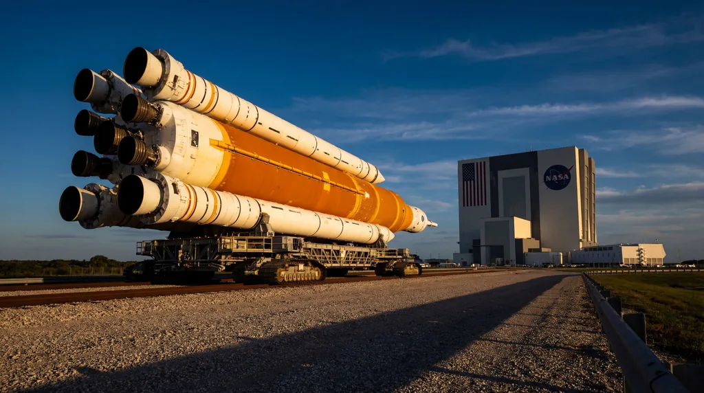 NASA's towering SLS rocket on a crawler-transporter moving towards the Vehicle Assembly Building under a dramatic sky