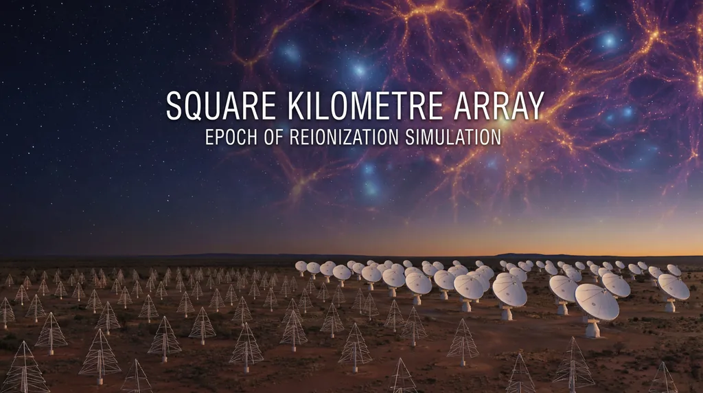 Radio telescope antennas under a sky visualizing the cosmic web, minihalos, and early universe reionization structures.
