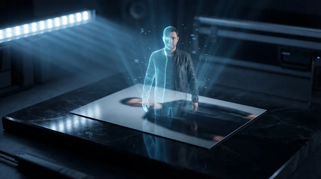 A 3D holographic human figure projecting upward from a flat photograph on a sleek dark desk surface.